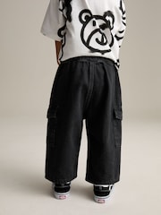 Black Denim Wide Leg Pull On Cargo 100% Cotton Jeans (3mths-7yrs) - Image 3 of 8