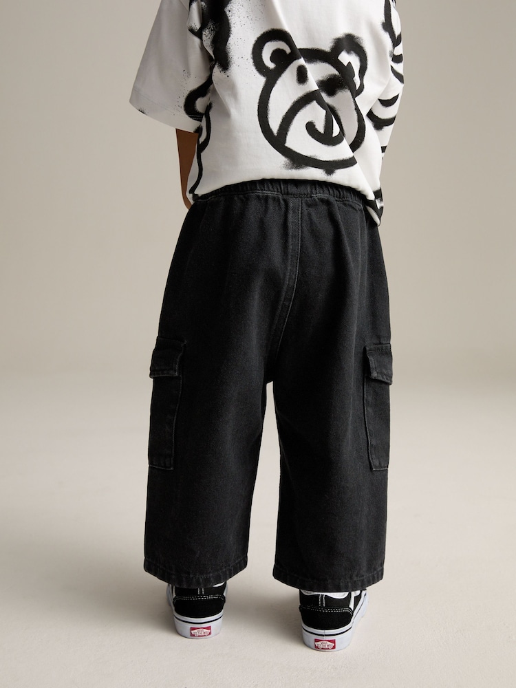 Black Denim Wide Leg Pull On Cargo 100% Cotton Jeans (3mths-7yrs) - Image 3 of 8