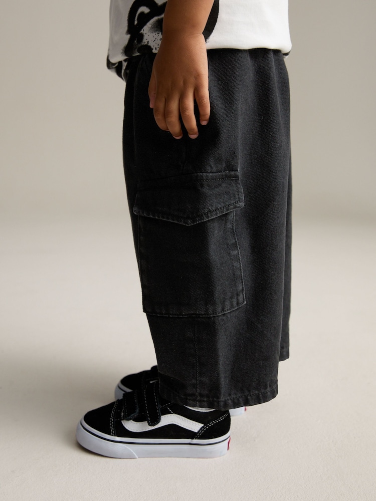 Black Denim Wide Leg Pull On Cargo 100% Cotton Jeans (3mths-7yrs) - Image 4 of 8