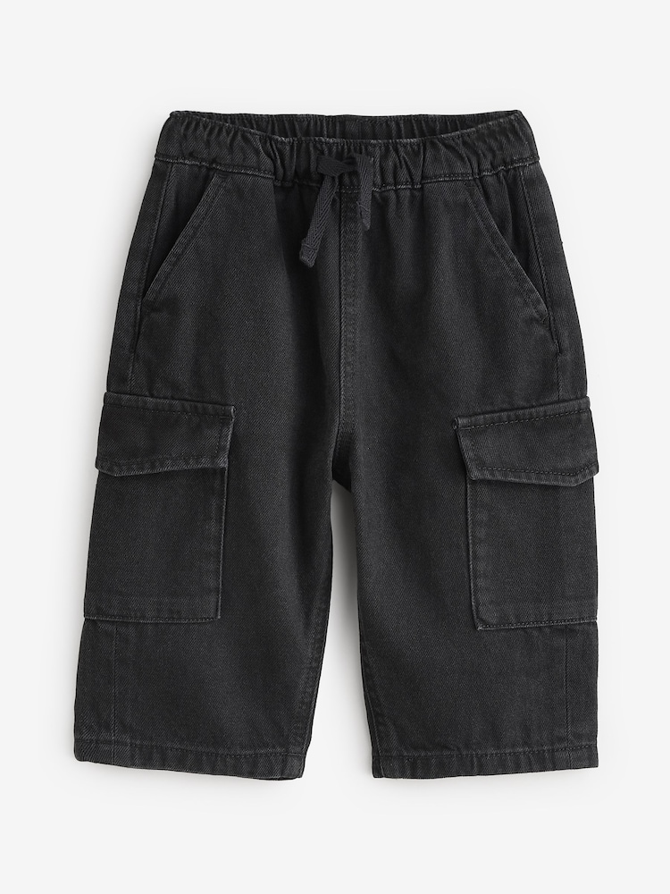 Black Denim Wide Leg Pull On Cargo 100% Cotton Jeans (3mths-7yrs) - Image 5 of 8