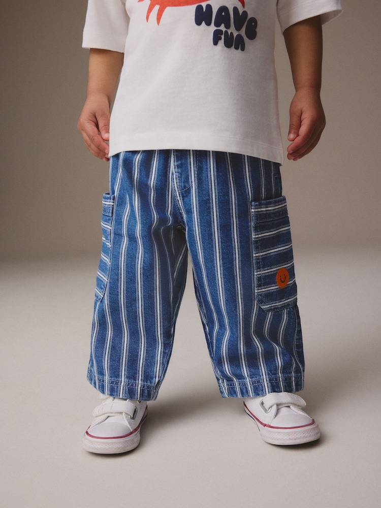 Blue Stripe Wide Leg Pull On Cargo 100% Cotton Jeans (3mths-7yrs) - Image 1 of 4