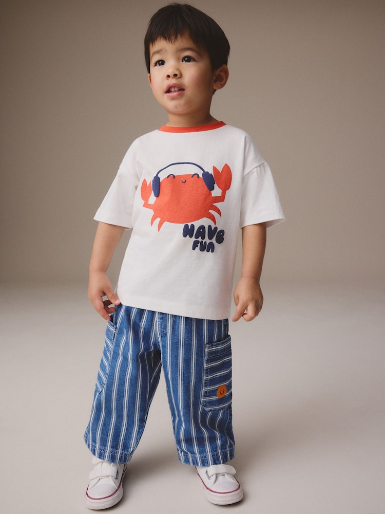 Blue Stripe Wide Leg Pull On Cargo 100% Cotton Jeans (3mths-7yrs) - Image 2 of 4