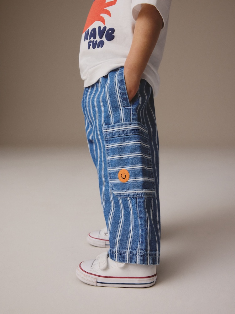 Blue Stripe Wide Leg Pull On Cargo 100% Cotton Jeans (3mths-7yrs) - Image 4 of 4