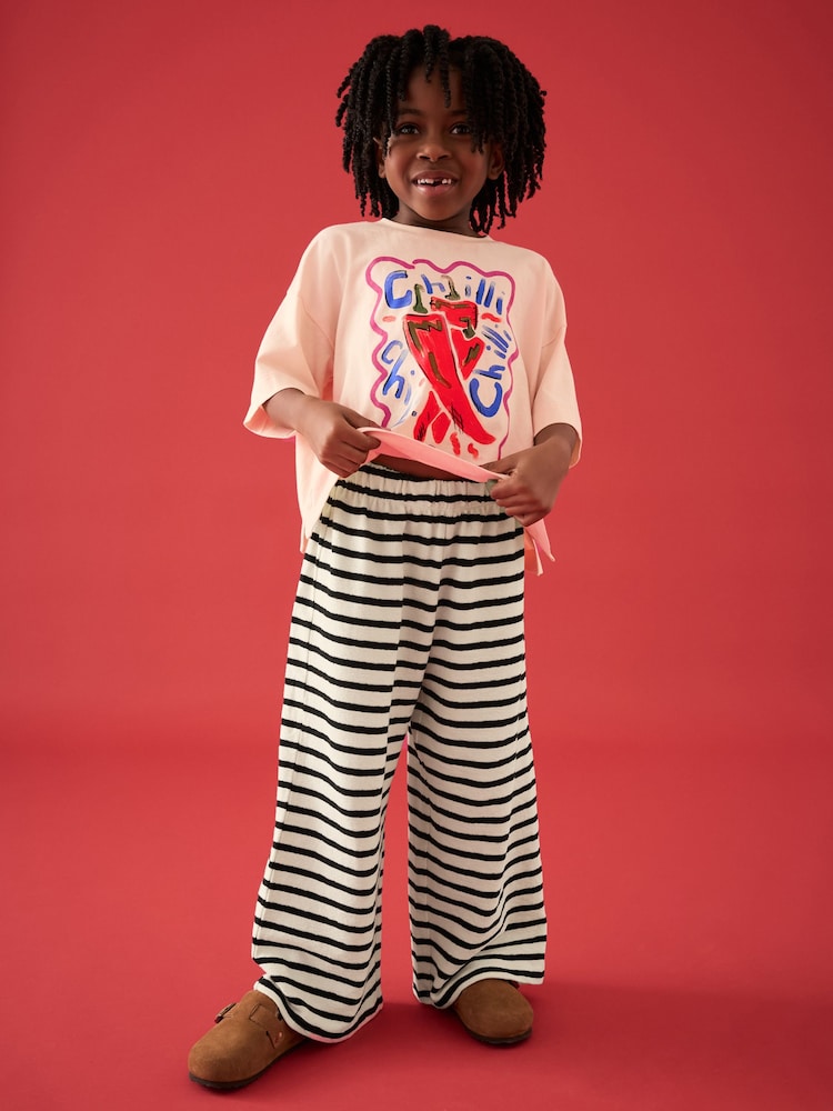 Orange/White Oversized Chilli 100% Cotton Graphic Print T-Shirt with Wide Leg Crochet Trousers (3-16yrs) - Image 1 of 8