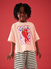 Orange/White Oversized Chilli 100% Cotton Graphic Print T-Shirt with Wide Leg Crochet Trousers (3-16yrs) - Image 2 of 8