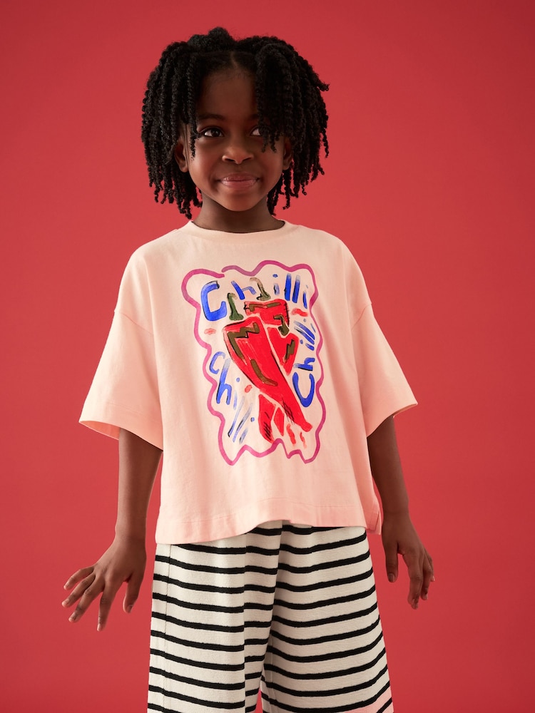 Orange/White Oversized Chilli 100% Cotton Graphic Print T-Shirt with Wide Leg Crochet Trousers (3-16yrs) - Image 2 of 8