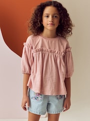 Pink 100% Cotton Puff Sleeve Peplum T-Shirt (3-16yrs) - Image 1 of 7