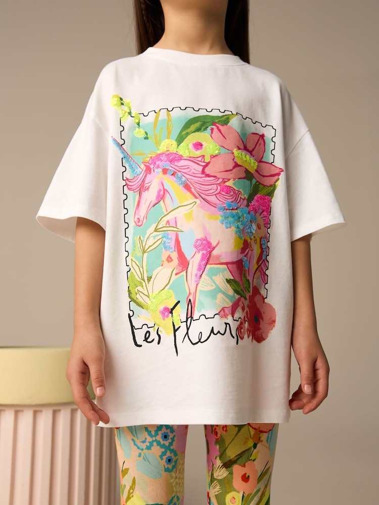 White Sequin Unicorn Oversized T-Shirt and Leggings Set (3-16yrs) - Image 3 of 8