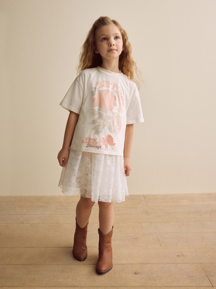 Ecru Oversized Floral Print T-Shirt with Jersey Lace Skirt Dress (3-12yrs) - Image 1 of 9