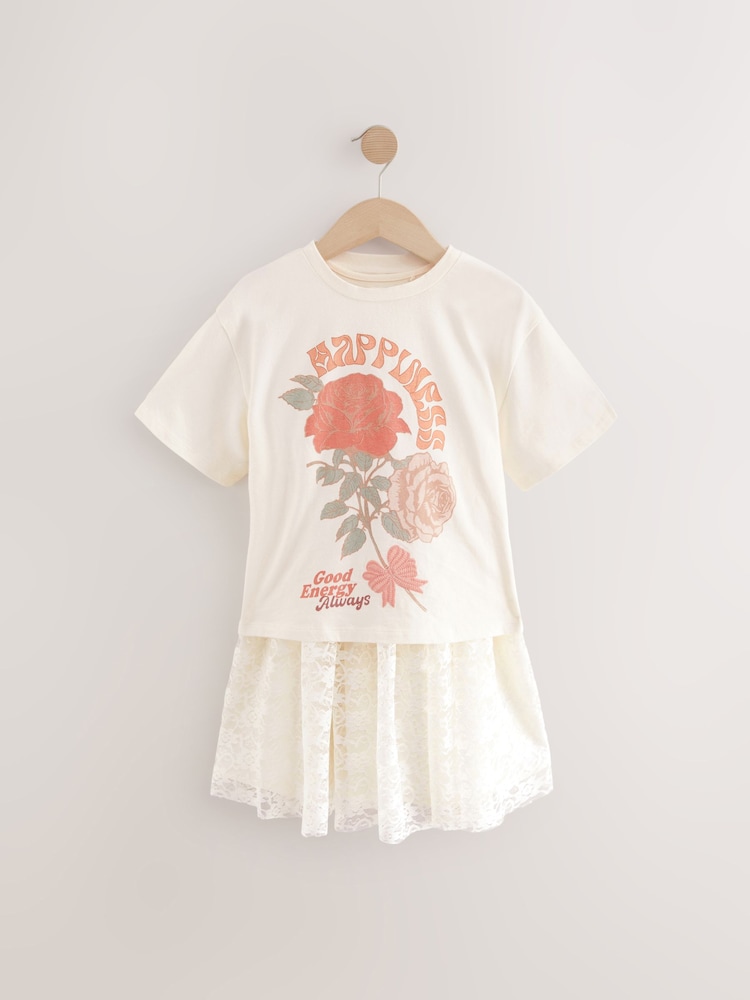 Buy Ecru Oversized Floral Print T-Shirt with Jersey Lace Skirt
