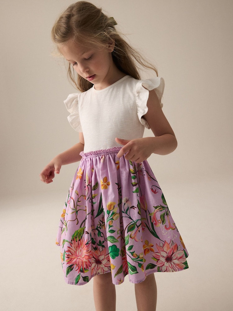 Lilac Purple Floral Print Skirt 100% Cotton Dress (3-12yrs) - Image 1 of 7