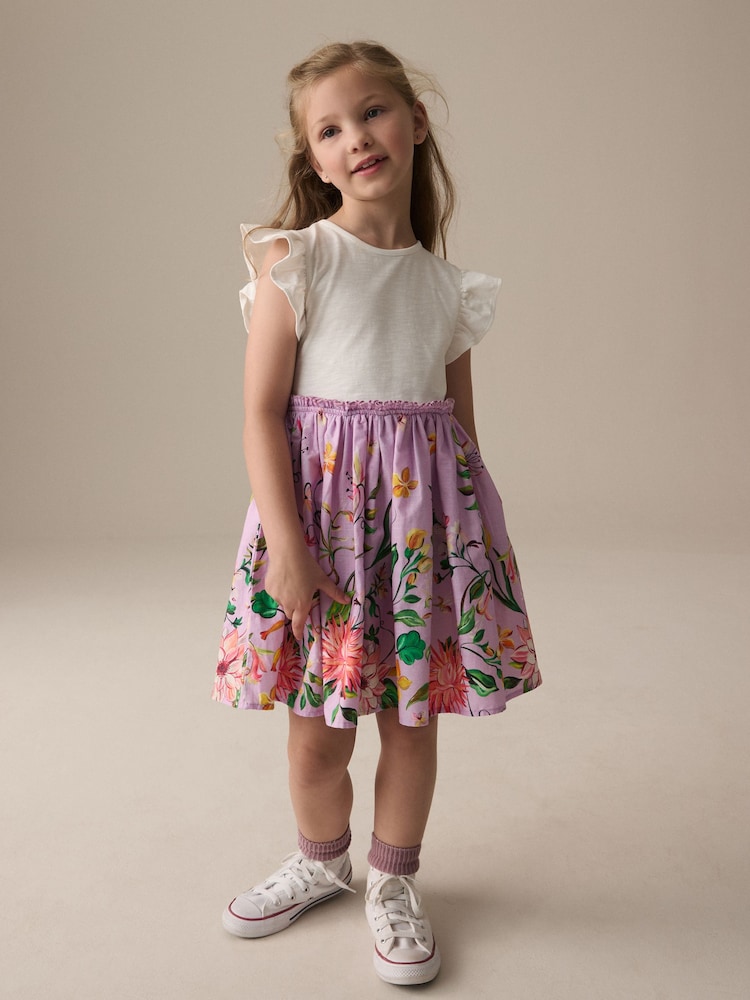 Lilac Purple Floral Print Skirt 100% Cotton Dress (3-12yrs) - Image 2 of 7