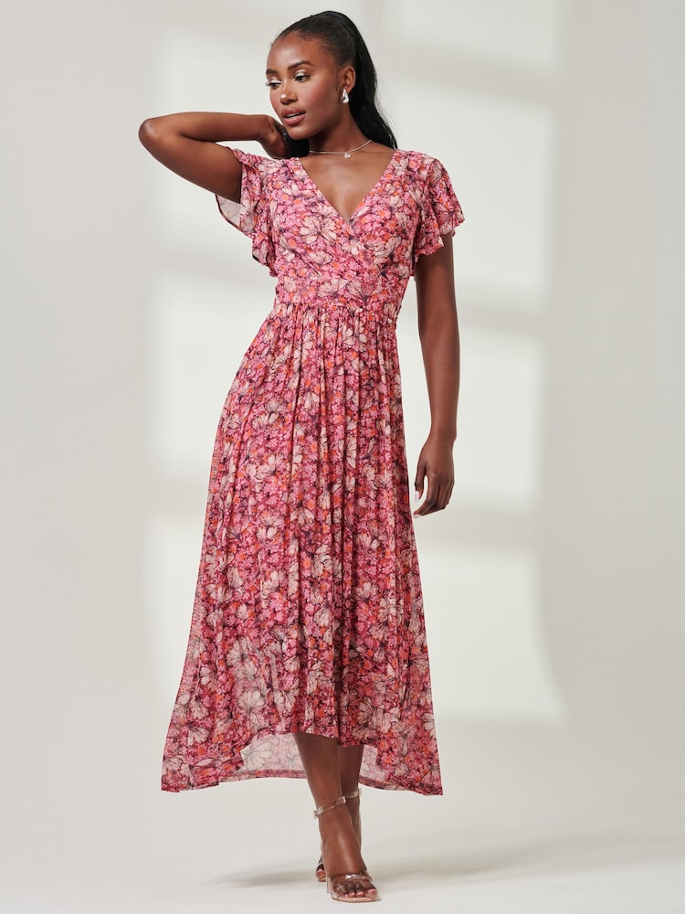 Jolie Moi Pink Wrap Dip Hem Mesh Maxi Dress - Image 1 of 6