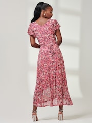 Jolie Moi Pink Wrap Dip Hem Mesh Maxi Dress - Image 2 of 6