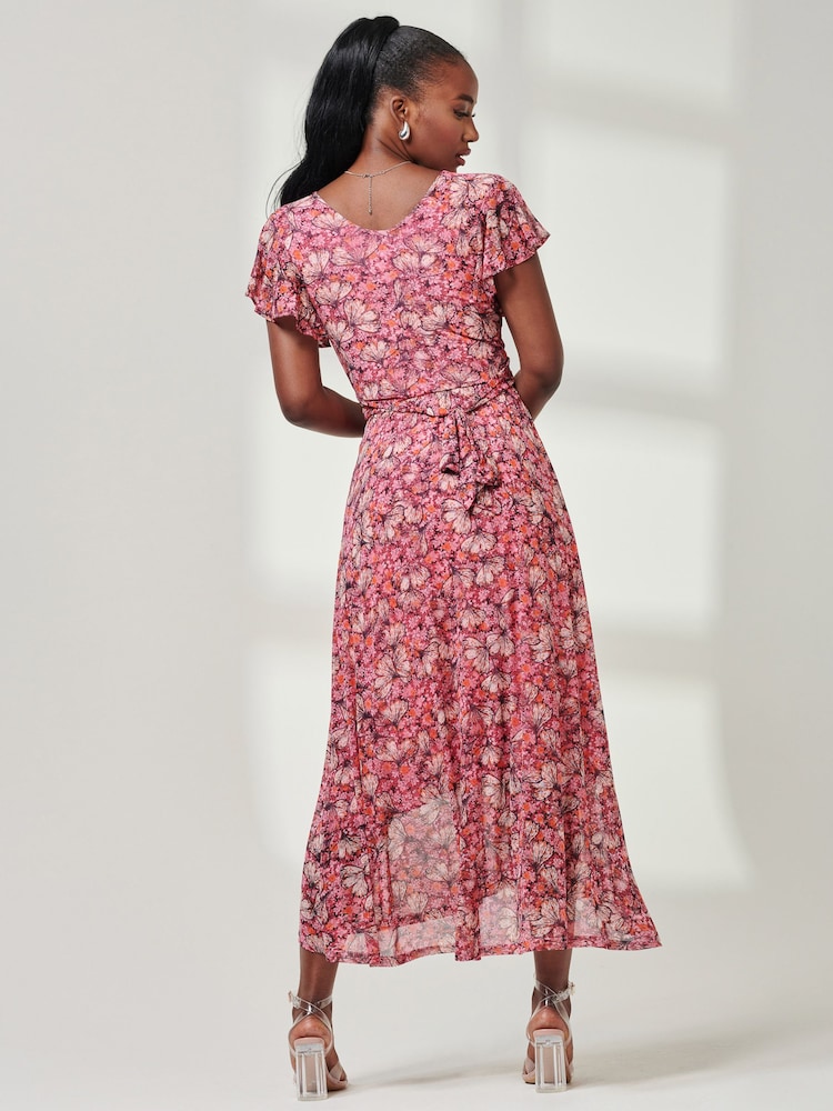 Jolie Moi Pink Wrap Dip Hem Mesh Maxi Dress - Image 2 of 6