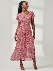 Jolie Moi Pink Wrap Dip Hem Mesh Maxi Dress - Image 4 of 6