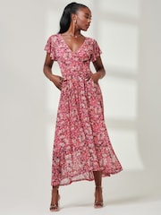 Jolie Moi Pink Wrap Dip Hem Mesh Maxi Dress - Image 6 of 6