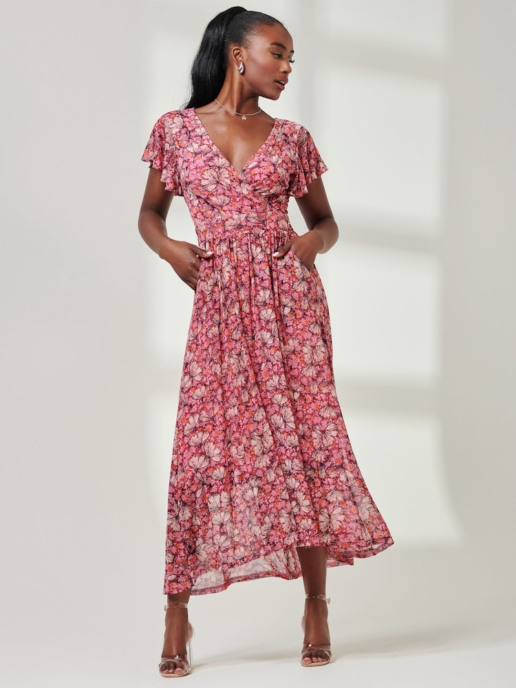 Jolie Moi Pink Wrap Dip Hem Mesh Maxi Dress - Image 6 of 6