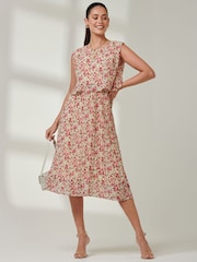 Jolie Moi Red Olena Pleated Overlay Chiffon Midi Dress - Image 1 of 6