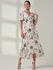 Jolie Moi Cream Multi Floral Pleated Dip Hem Chiffon Maxi Dress - Image 1 of 6