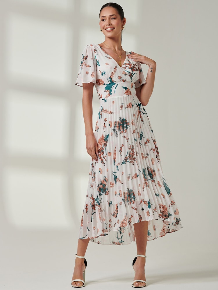Jolie Moi Cream Multi Floral Pleated Dip Hem Chiffon Maxi Dress - Image 1 of 6