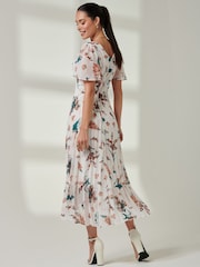 Jolie Moi Cream Multi Floral Pleated Dip Hem Chiffon Maxi Dress - Image 2 of 6