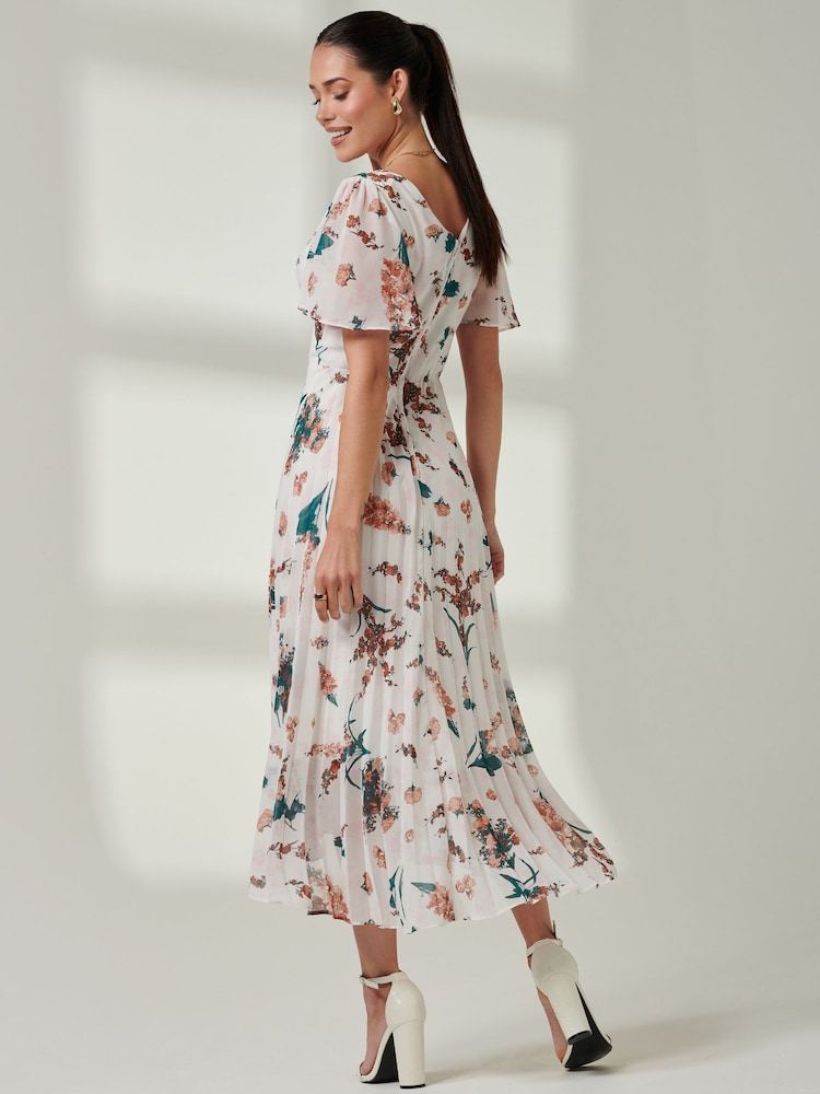 Jolie Moi Cream Multi Floral Pleated Dip Hem Chiffon Maxi Dress - Image 2 of 6
