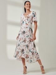 Jolie Moi Cream Multi Floral Pleated Dip Hem Chiffon Maxi Dress - Image 4 of 6