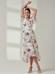 Jolie Moi Cream Multi Floral Pleated Dip Hem Chiffon Maxi Dress - Image 5 of 6