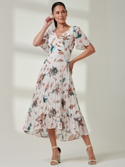 Jolie Moi Cream Multi Floral Pleated Dip Hem Chiffon Maxi Dress - Image 6 of 6