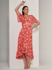 Jolie Moi Orange Floral Pleated Dip Hem Chiffon Maxi Dress - Image 1 of 6