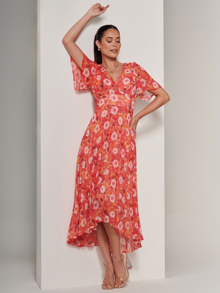 Jolie Moi Orange Floral Pleated Dip Hem Chiffon Maxi Dress - Image 1 of 6