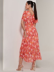 Jolie Moi Orange Floral Pleated Dip Hem Chiffon Maxi Dress - Image 2 of 6