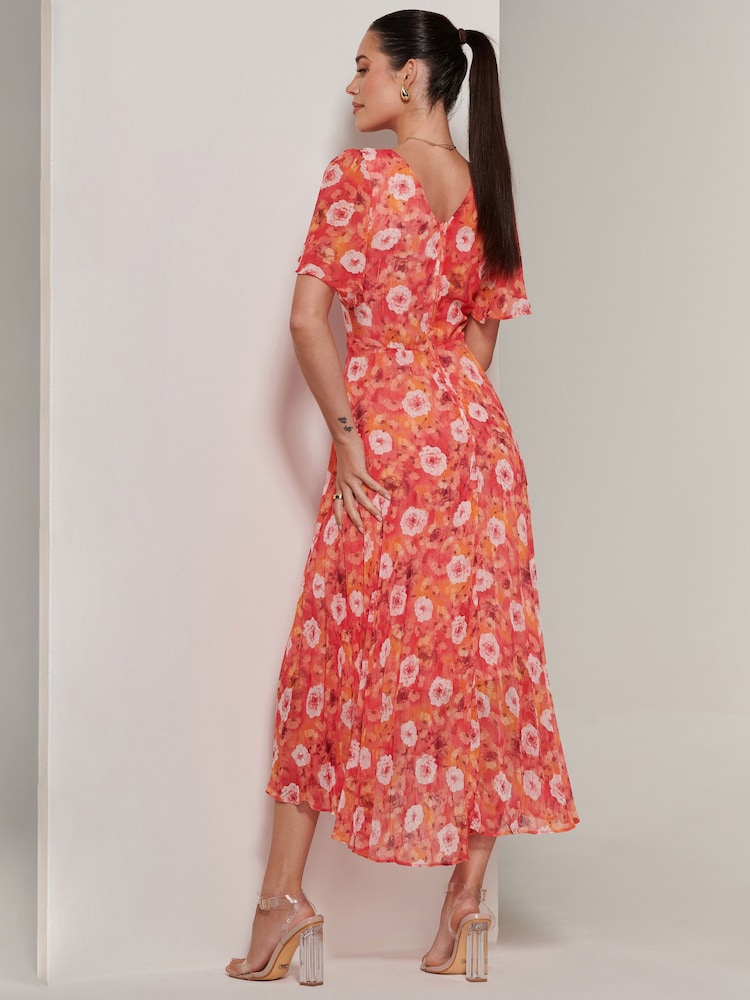Jolie Moi Orange Floral Pleated Dip Hem Chiffon Maxi Dress - Image 2 of 6