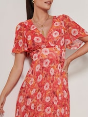 Jolie Moi Orange Floral Pleated Dip Hem Chiffon Maxi Dress - Image 3 of 6