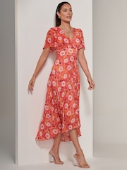 Jolie Moi Orange Floral Pleated Dip Hem Chiffon Maxi Dress - Image 4 of 6