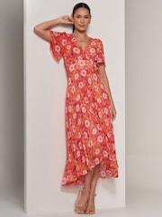 Jolie Moi Orange Floral Pleated Dip Hem Chiffon Maxi Dress - Image 5 of 6