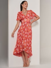 Jolie Moi Orange Floral Pleated Dip Hem Chiffon Maxi Dress - Image 6 of 6
