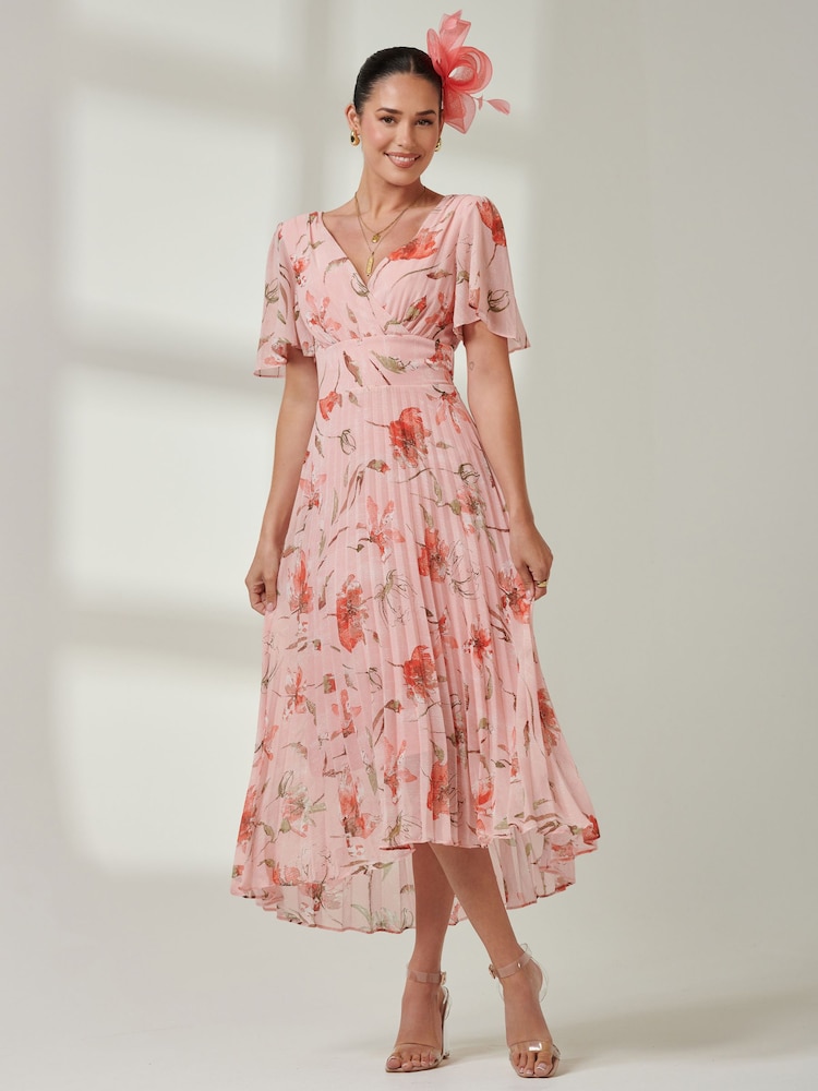 Jolie Moi Pink Floral Pleated Dip Hem Chiffon Maxi Dress - Image 1 of 6 Jolie Moi Pink Floral Pleated Dip Hem Chiffon Maxi Dress - Image 1 of 6
