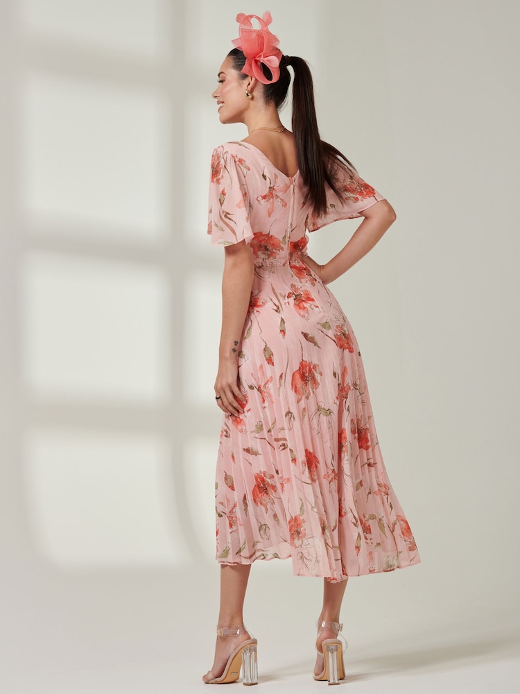 Jolie Moi Pink Floral Pleated Dip Hem Chiffon Maxi Dress - Image 2 of 6 Jolie Moi Pink Floral Pleated Dip Hem Chiffon Maxi Dress - Image 2 of 6