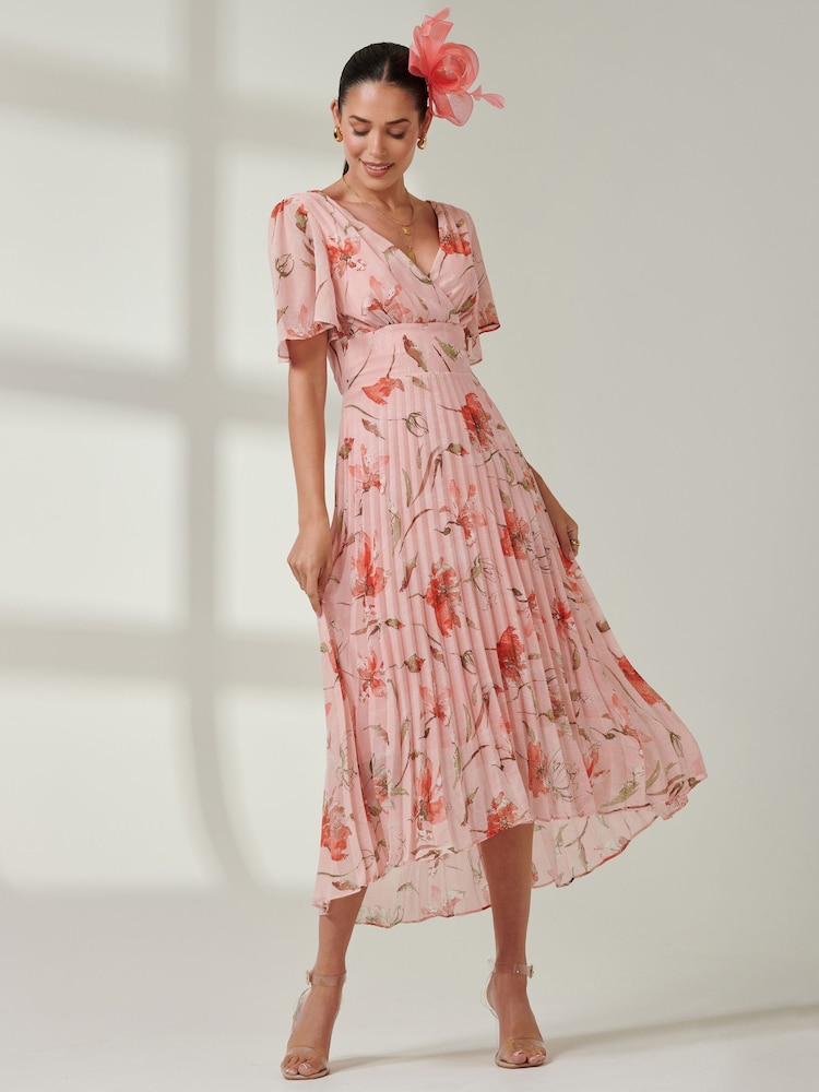 Jolie Moi Pink Floral Pleated Dip Hem Chiffon Maxi Dress - Image 6 of 6 Jolie Moi Pink Floral Pleated Dip Hem Chiffon Maxi Dress - Image 6 of 6
