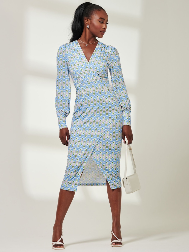 Jolie Moi Blue Print Long Sleeve Jersey Pencil Dress - Image 1 of 6 Jolie Moi Blue Print Long Sleeve Jersey Pencil Dress - Image 1 of 6