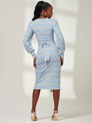 Jolie Moi Blue Print Long Sleeve Jersey Pencil Dress - Image 2 of 6