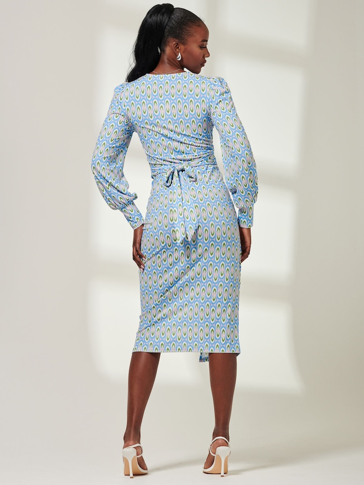 Jolie Moi Blue Print Long Sleeve Jersey Pencil Dress - Image 2 of 6
