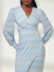 Jolie Moi Blue Print Long Sleeve Jersey Pencil Dress - Image 3 of 6