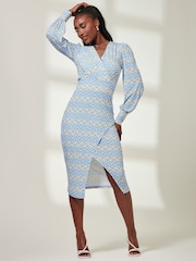 Jolie Moi Blue Print Long Sleeve Jersey Pencil Dress - Image 4 of 6