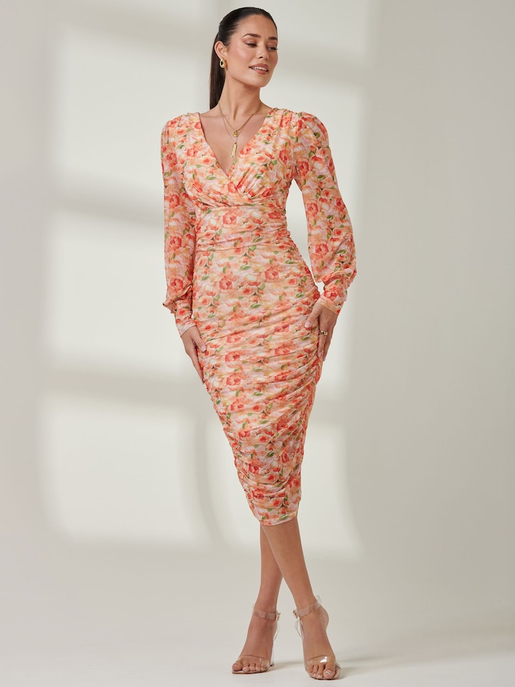 Jolie Moi Orange Long Sleeve Soft Silky Jersey Maxi Dress - Image 4 of 6