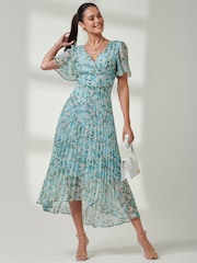 Jolie Moi Blue Floral Ditsy Pleated Dip Hem Chiffon Maxi Dress - Image 1 of 6
