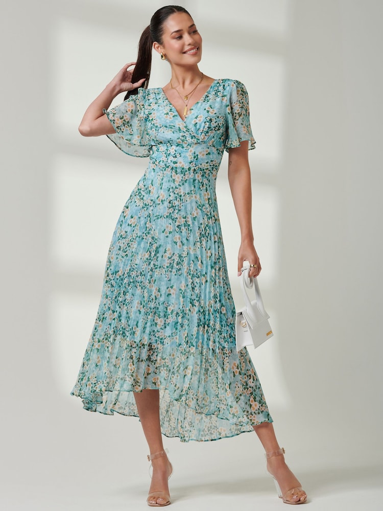 Jolie Moi Blue Floral Ditsy Pleated Dip Hem Chiffon Maxi Dress - Image 1 of 6