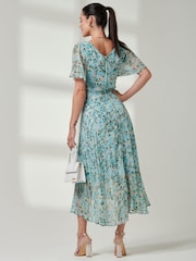 Jolie Moi Blue Floral Ditsy Pleated Dip Hem Chiffon Maxi Dress - Image 2 of 6